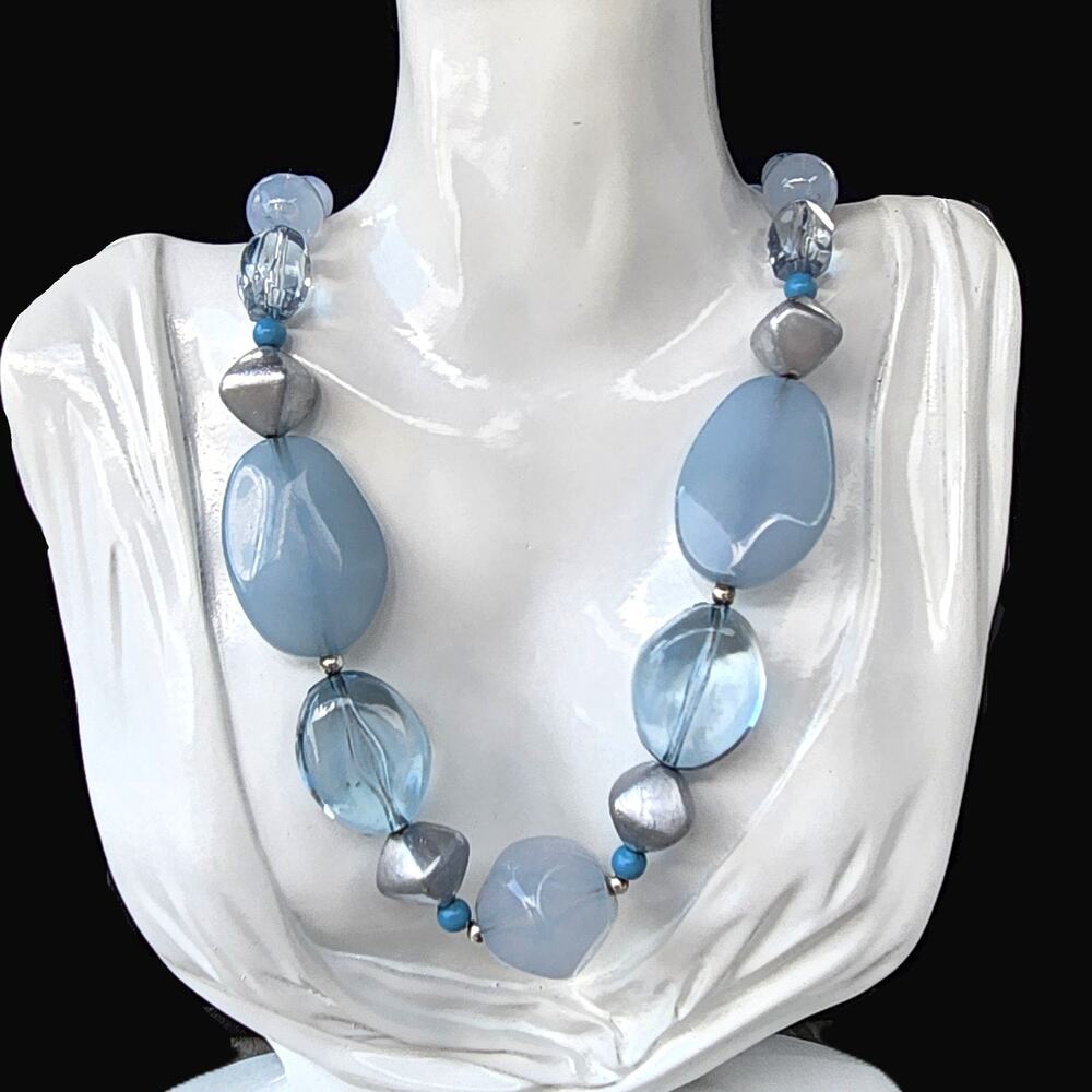 Milky Ice Blue Aquamarine Baroque Acrylic Beaded Necklace - Picture 9 of 9